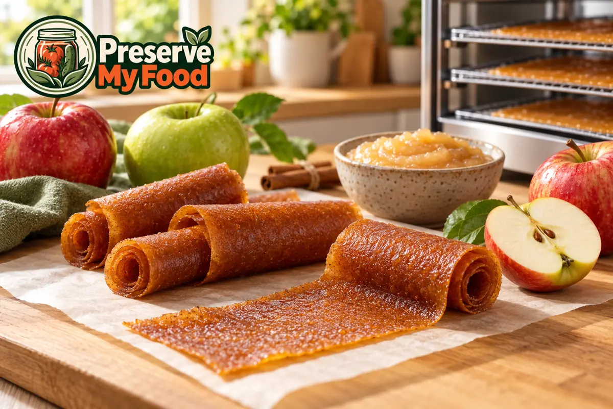 Apple fruit leather rolls beside fresh apples and a bowl of applesauce, with a food dehydrator in the background.