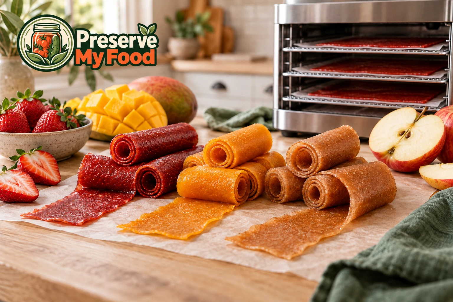 Strawberry, mango, and apple fruit leather rolls on parchment beside fresh fruit, with a food dehydrator in the background.