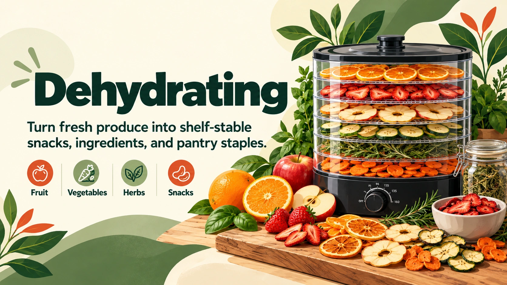 Food dehydrator containing sliced oranges, strawberries, apples, zucchini, carrots, and herbs