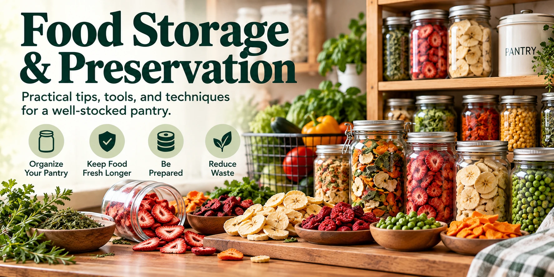 Organized food storage pantry with jars of dried fruits, vegetables, herbs, and preserved ingredients