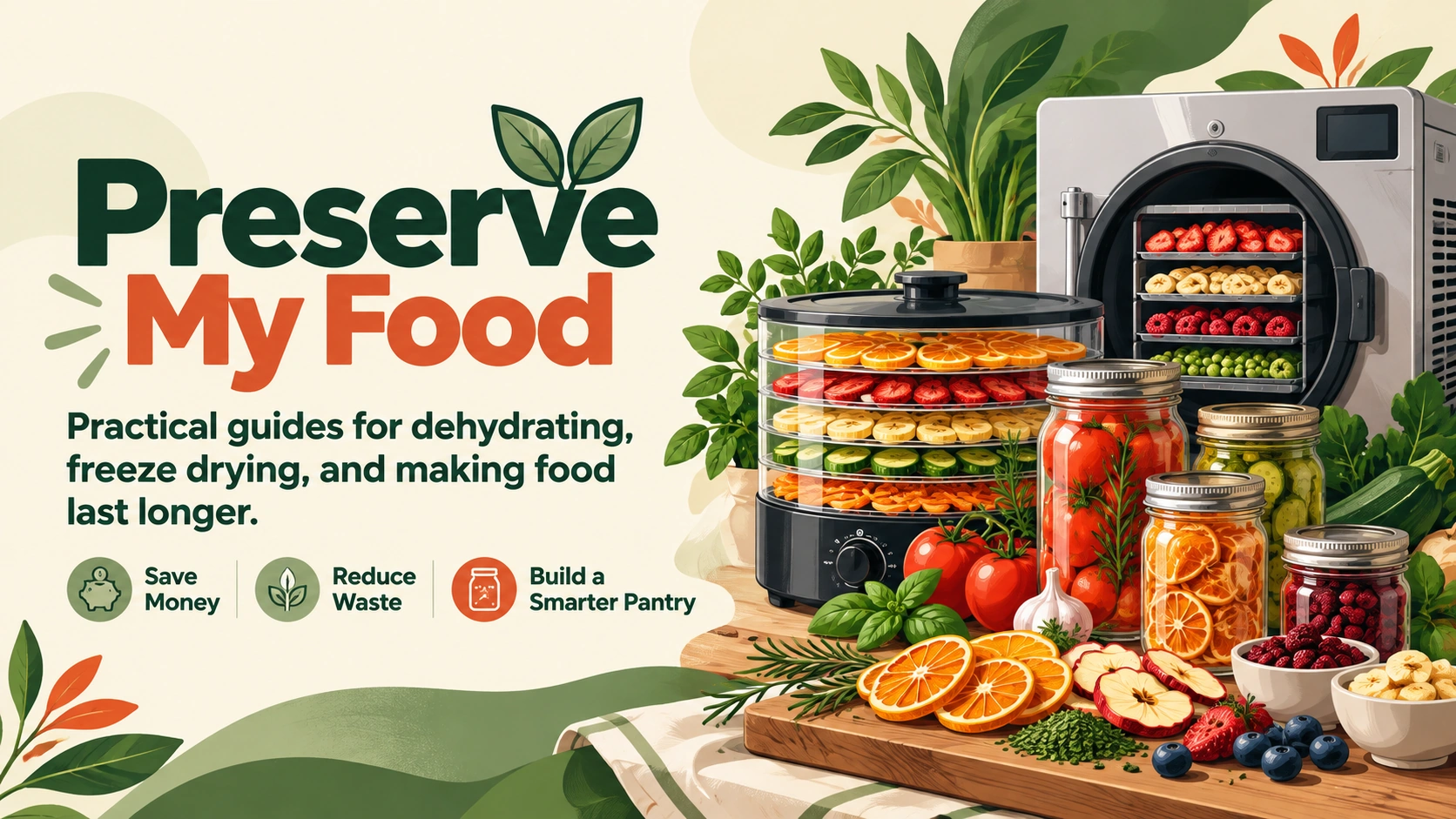 Preserve My Food featuring food dehydrators, freeze dryers, preserved fruits, vegetables, and pantry jars