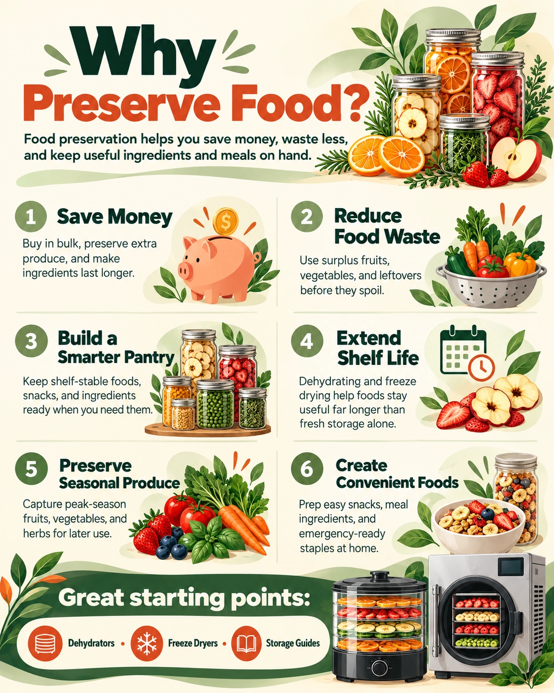 Six benefits of preserving food: saving money, reducing waste, building a smarter pantry, extending shelf life, preserving seasonal produce, and creating convenient foods